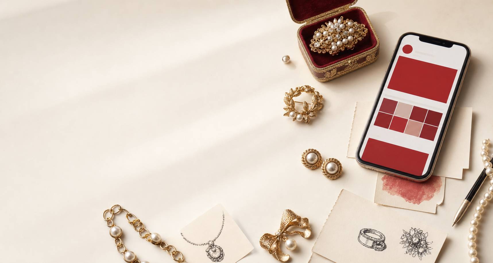 Editorial flat lay of vintage jewelry, research cards, and a phone interface without brand logos.